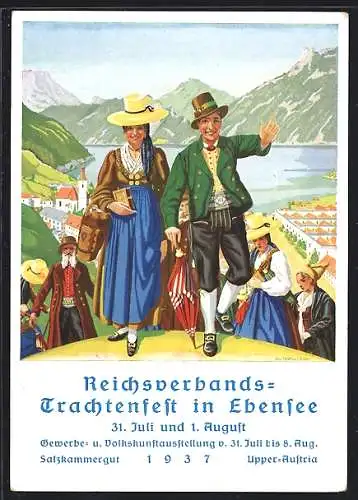 Künstler-AK Ebensee, Reichsverbands-Trachtenfest 1937, Österreicher in Tracht