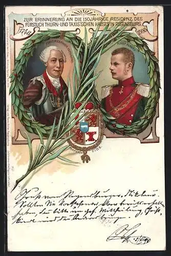 Lithographie Regensburg, Fürst Alexander Ferdinand und Fürst Albert von Thurn & Taxis, Wappen