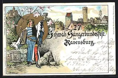 Lithographie Ganzsache PP27C52 /02: Ravensburg, 27. Schwäbisches Sängerbundesfest 1904, Festpostkarte