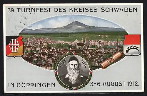 AK Göppingen, 39. Turnfest des Kreises Schwaben 1912, Turnvater Jahn, Ganzsache