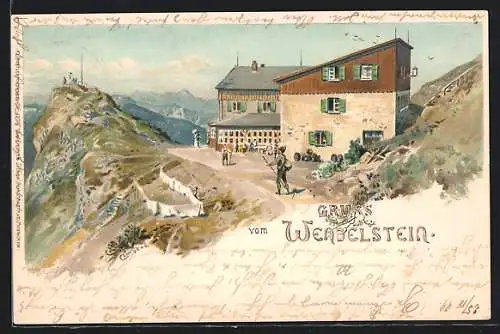 Künstler-AK Edward Theodore Compton: Wendelstein-Berghütte mit Wanderer