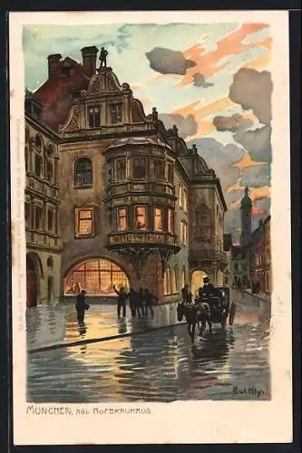 Künstler-Lithographie Paul Hey: München, Gasthaus Hofbräuhaus bei abendlicher Beleuchtung