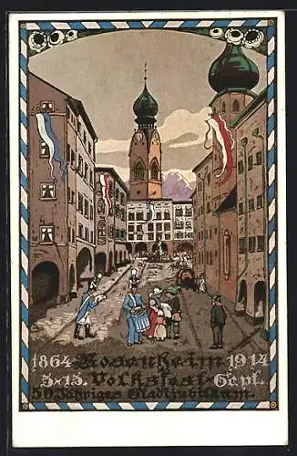 Künstler-AK Ganzsache Bayern PP38C19: Rosenheim / Obb., Volksfest zum 50 jährigen Stadtjubiläum 1914