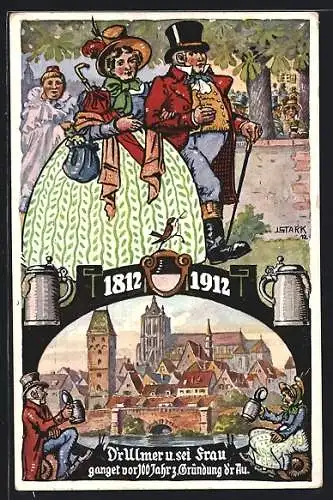 Künstler-AK Ganzsache PP27C162: Ulm / Donau, D`r Ulmer und sei Frau ganget vor 100 Jahr z. Gründung d`r Au