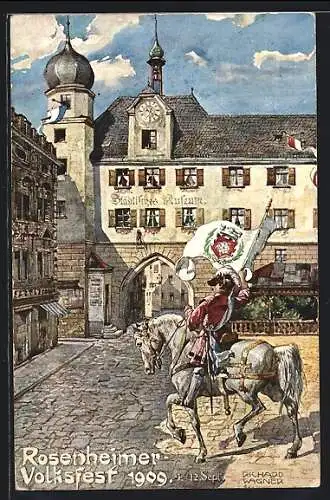 Künstler-AK Rosenheim / Obb., Volksfest 1909, Knappe mit Flagge vor dem Städt. Museum, Ganzsache Bayern