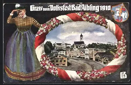 Künstler-AK Ganzsache Bayern PP15C183: Bad Aibling, Volksfest 1910, Strassenpartie, Frau in Tracht, Wappen