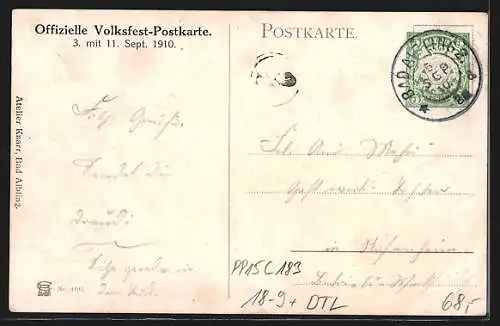 Künstler-AK Ganzsache Bayern PP15C183: Bad Aibling, Volksfest 1910, Strassenpartie, Frau in Tracht, Wappen