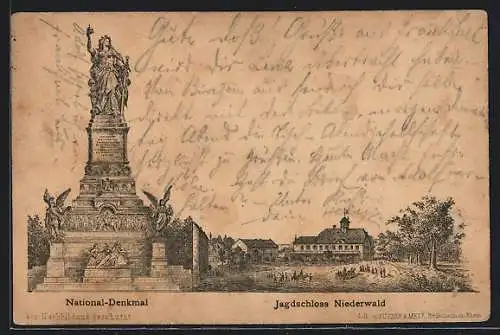 Vorläufer-Lithographie Ganzsache PP6F104 /013: Rüdesheim a. Rh., 1886, National-Denkmal und Jagdschloss auf Niederwald