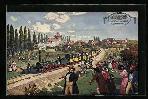 Künstler-AK Erste Eisenbahn Deutschlands zwischen Nürnberg und Fürth, Begeisterte Zuschauer