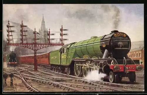 Künstler-AK englische Eisenbahn Flying Scotsman verlässt den Bahnhof