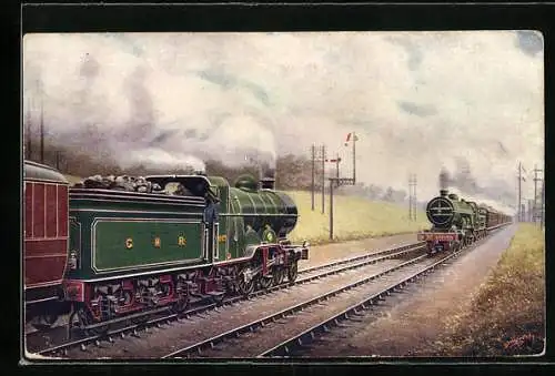 Künstler-AK Up Scotch Express passing the Down Leeds Express