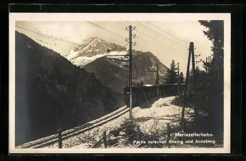 AK Gösing, Mariazellerbahn auf der Strecke zwischen Gösing und Annaberg, österreichische Eisenbahn