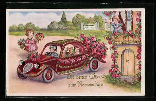 Künstler-AK Auto mit Blumen geschmückt