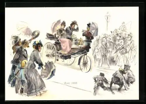 AK Carl Benz fährt in seinem Motorwagen Nummer 1 vorbei an jubelnde Menschen