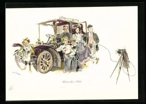 AK Fotoapparat fotografiert Leute in einem Mercedes 1904