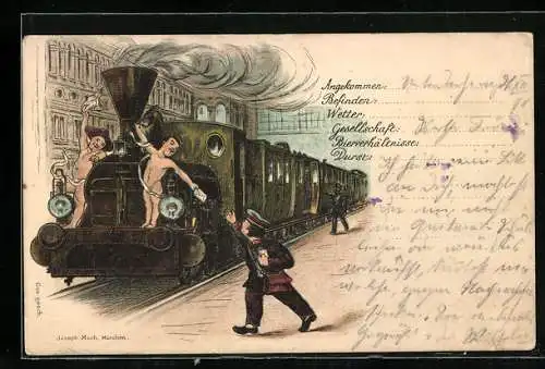 Lithographie Amoretten überreichen dem Briefträger einen Brief von der Eisenbahn aus