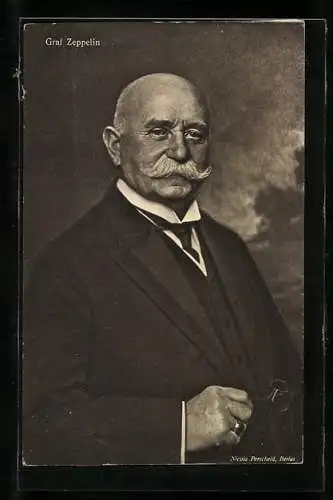 Künstler-AK Portrait des Grafen Ferdinand von Zeppelin mit Zwicker in der Hand