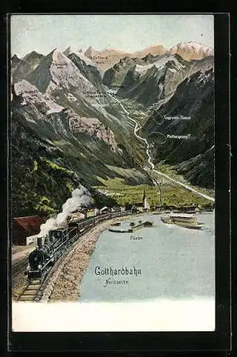 AK Flüelen, Gotthardbahn-Linie von der Nordseite gesehen
