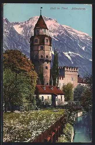 AK Hall /Tirol, Münzturm mit Alpen