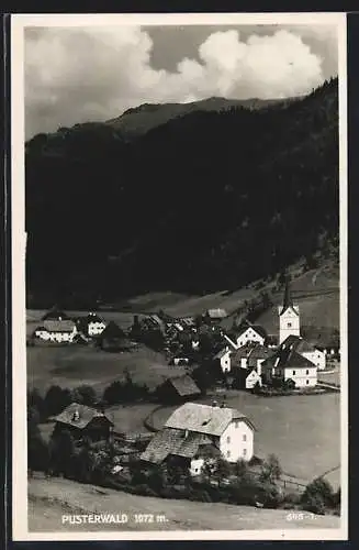 AK Pusterwald, Ortsansicht mit Kirche aus der Vogelschau