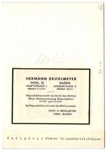 Fotografie Hermann Brühlmeyer, Wien, Portrait Karl Adolf, Wiener Volksschriftsteller
