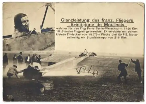 Riesen-AK Flugpionier Flugzeug-Pilot Brindejone de Moulinais benötige für den Flug Paris-Berlin-Warschau 10 Stunden