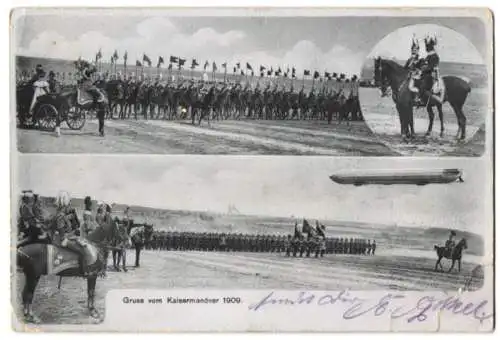 Riesen-AK Kaisermanöver 1909, Kaiser Wilhelm II. betrachtet Aufmarsch von Kavallerie & Infanterie, Zeppelin Luftschiff