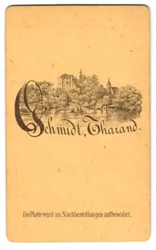 Fotografie O. Schmidt, Tharand, Ortsansicht mit Gewässer, Ruine & Kirche, Rückseitig Herren-Portrait