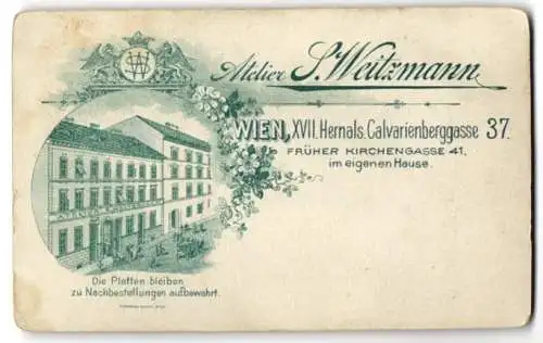 Fotografie S. Weitzmann, Wien, Calvarienbergstrasse 37, Geschäftshaus & Foto-Atelier, Rückseitig Mädchen Portrait