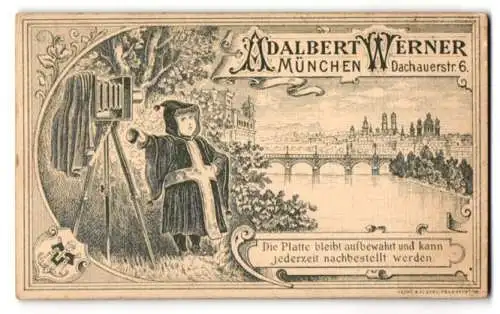 Fotografie Adalbert Werner, München, Dachauerstr. 6, Münchner Kindl mit Plattenkamera / Fotoapparat am Stadtrand