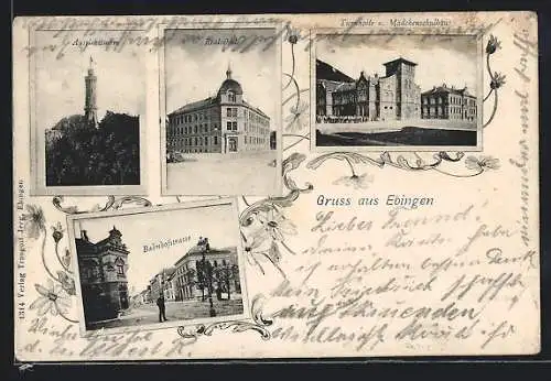 AK Ebingen, Aussichtsturm, Realschule, Turnhalle & Mädchenschulhaus, Bahnhofstrasse