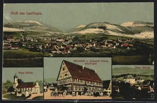 AK Lautlingen, Gasthof und Brauerei Krone, Neue Schule, Kirche, Panorama