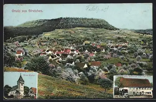 AK Streichen / Frommern, Gasthof zum Waldhorn von Chr. Rist., Neue Kirche, Gesamtansicht