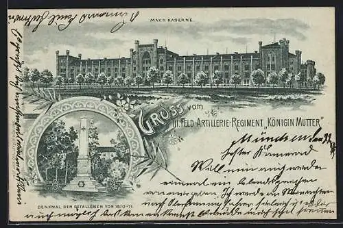 Mondschein-Lithographie München, Max II Kaserne vom III. Feld-Artillerie-Regiment Königin Mutter, Kriegerdenkmal 1870