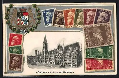 AK München, Rathaus und Marienplatz, Briefmarken und Wappen