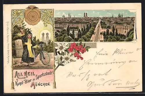 Lithographie München, Gesamtansicht, Münchner Kindl mit Fahrrad