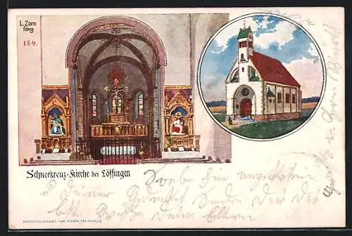 Künstler-AK Löffingen, Schneekreuz-Kirche, Innen- und Aussenansicht