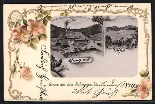 Lithographie Titisee /Schwarzwald, Gasthaus, Blick auf den See, Wildrosen