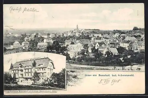 AK Bonndorf / Schwarzwald, Bahnhofshotel von A. Vogt, Blick über den Ort