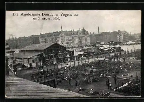 AK Dresdener Vogelwiese, abgebrannt am 2. August 1909