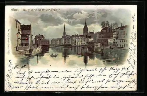 Lithographie Zürich, Wasserpartie mit Nachtwandlerin in den Wolken, optische Täuschung