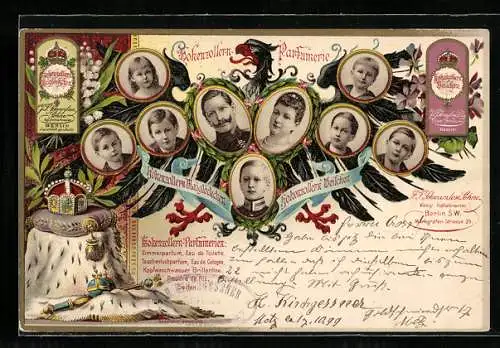 AK Hohenzollern Parfümerie, Maiglöckchen-Veilchen, Portrais der königlichen Familie von Preussen