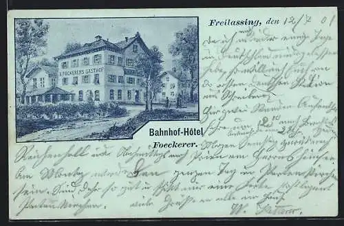 Künstler-AK Freilassing, Bahnhof-Hotel Foeckerer