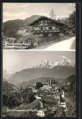 AK Berchtesgaden, Pension Fremdenheim Schell / Haus Friesenegger, Ortsansicht mit Watzmann