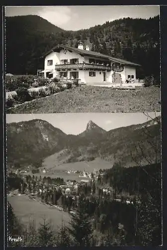 AK Kreuth / Tegernsee, Pension Gästehaus Deininger am Kirchberg 22, Gesamtansicht mit Bergpanorama