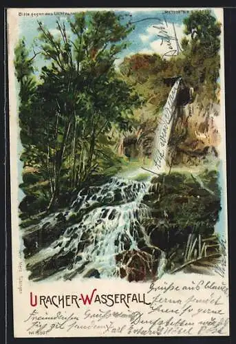 Lithographie Uracher Wasserfall, Vollmond