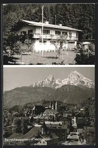 AK Berchtesgaden, Teilansicht mit Watzmann, Haus Karl Stocker, Salzberg, Bergwerksallee 71