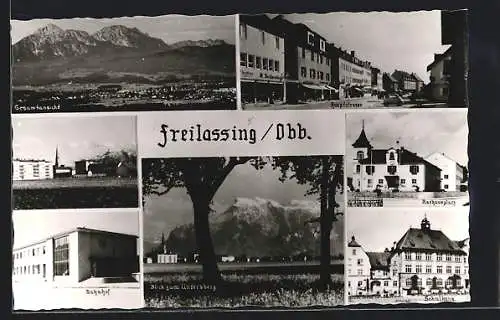 AK Freilassing /Obb, Blick zum Untersberg, Schulhaus, Hauptstrasse