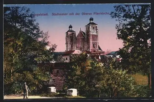 AK Ingolstadt, Stadtmauer mit der Oberen Pfarrkirche