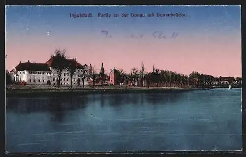 AK Ingolstadt, Partie an der Donau mit Donaubrücke